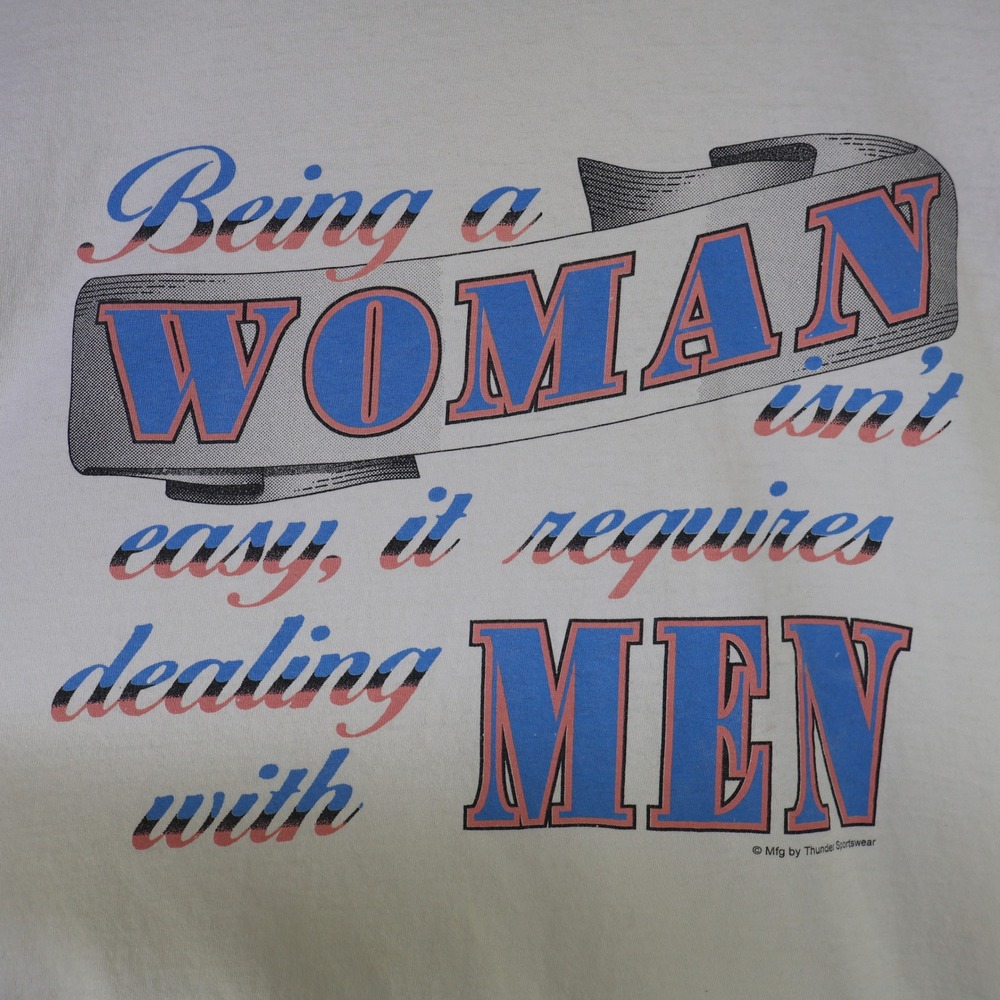 Vintage 90s Being A Woman Funny Slogan Graphic T-Shirt Large White Tee - Picture 2 of 11